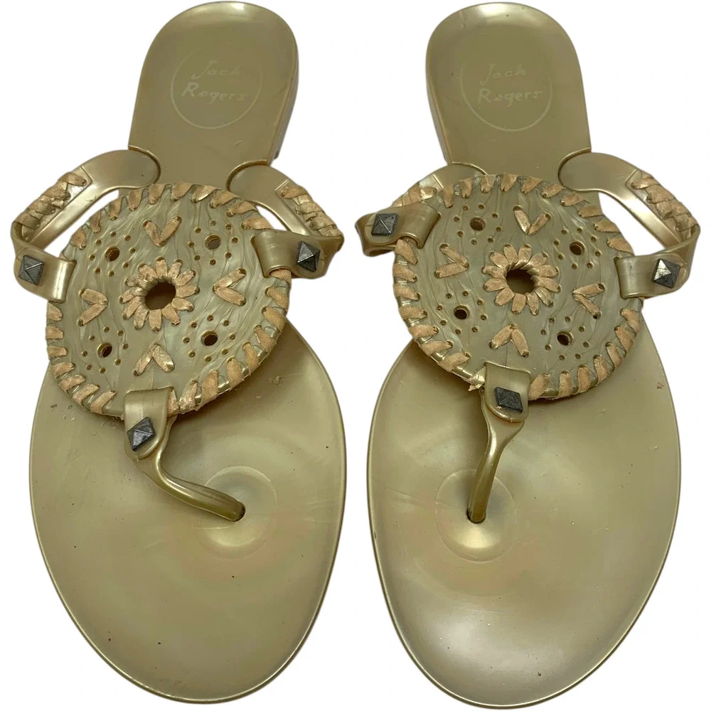 Jack Rogers Sz 7 Georgica Gold PVC Jelly Thong Flip Flop Sandals Metallic - Picture 2 of 7